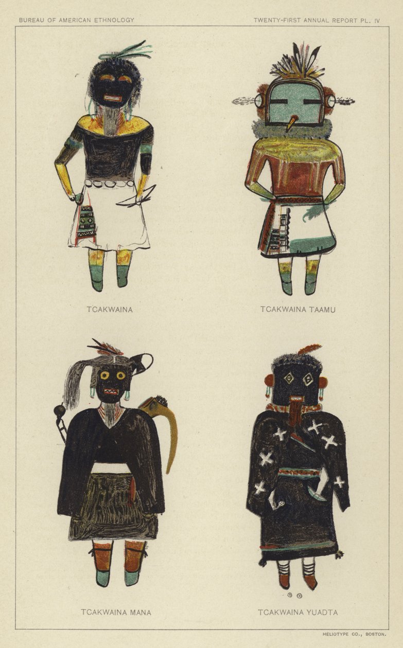 Tcakwaina, Tcakwaina Taamu, Tcakwaina Mana, Tcakwaina Yuadta (kolorowa litografia) autorstwa American School