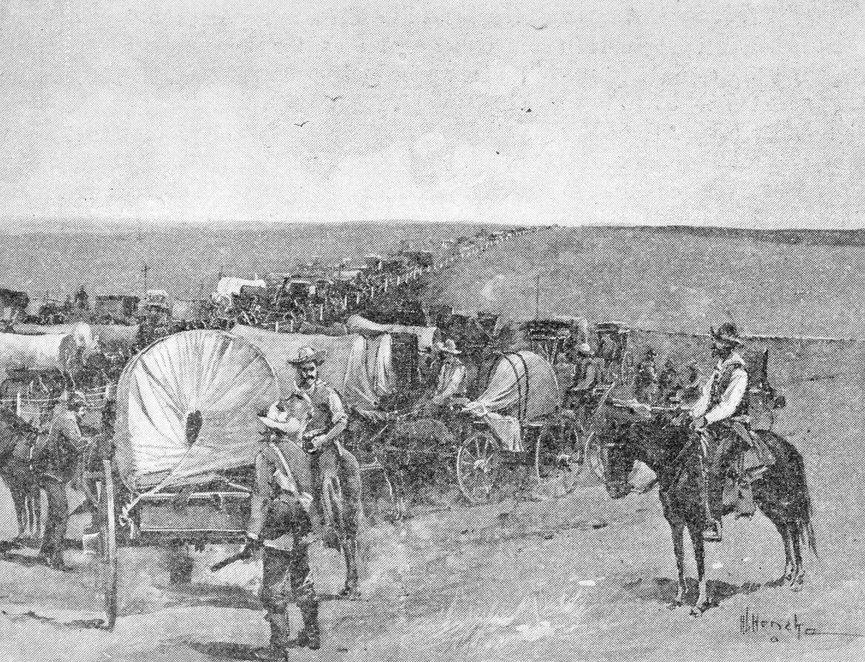 Dziesięć minut przed wielkim pośpiechem, na południowej linii rezerwatu szkół indyjskich, niedaleko miasta Arkansas, 16 września 1893 r. (rycina) (bw zdjęcie) autorstwa American School