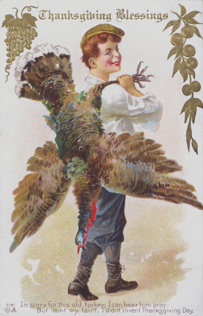 Kartka z życzeniami z okazji Święta Dziękczynienia przedstawiająca mężczyznę z indykiem. (chromolitho) autorstwa American School