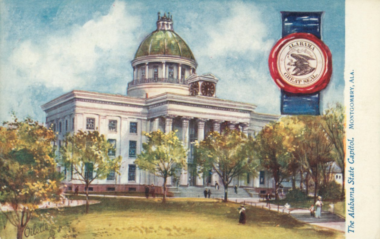 Kapitol stanu Alabama, Montgomery, Alabama (kolorowa litografia) autorstwa American School