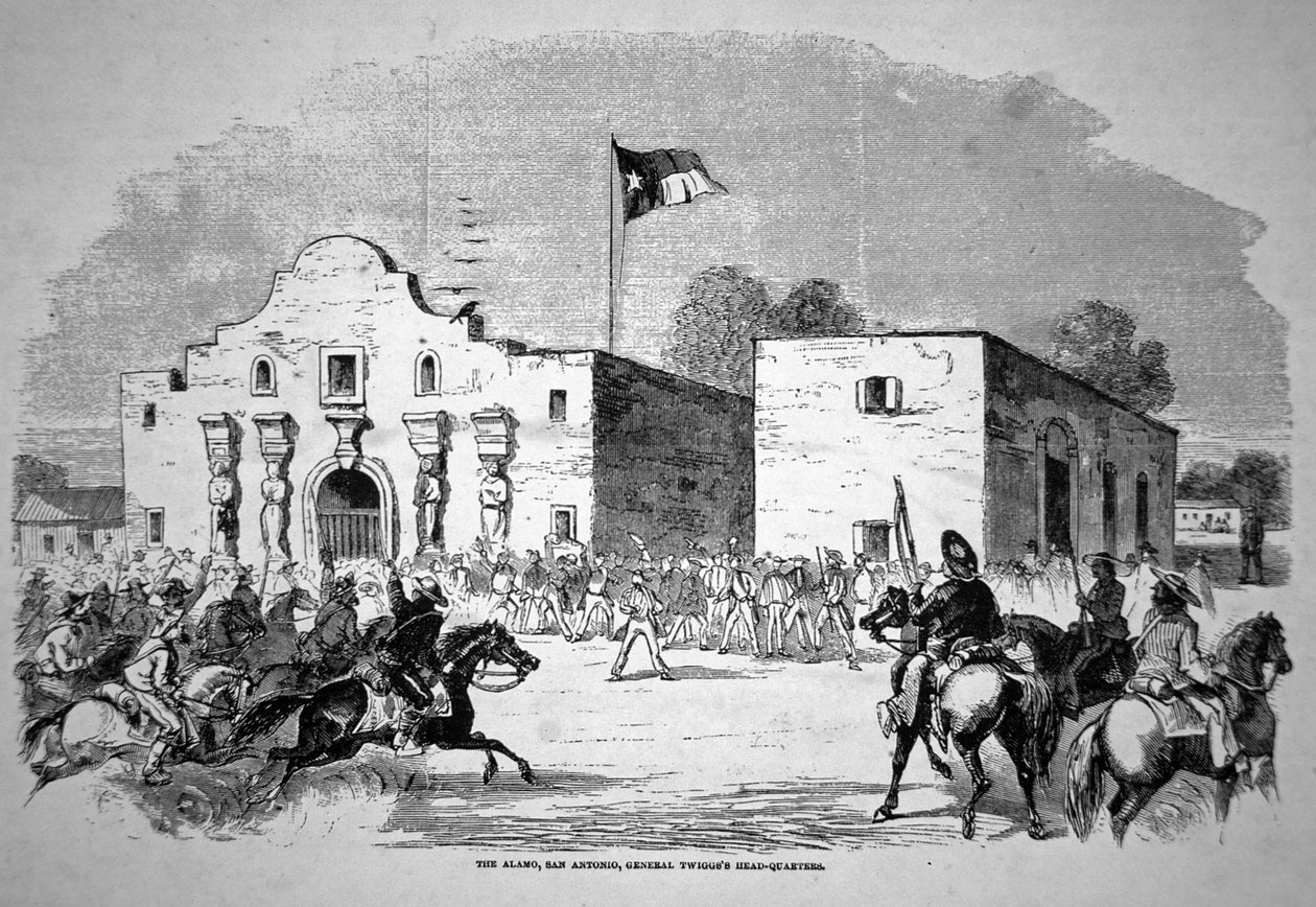 Fort Alamo w San Antonio, siedziba generała federalnego Twiggs (1790-1862) (lito) autorstwa American School
