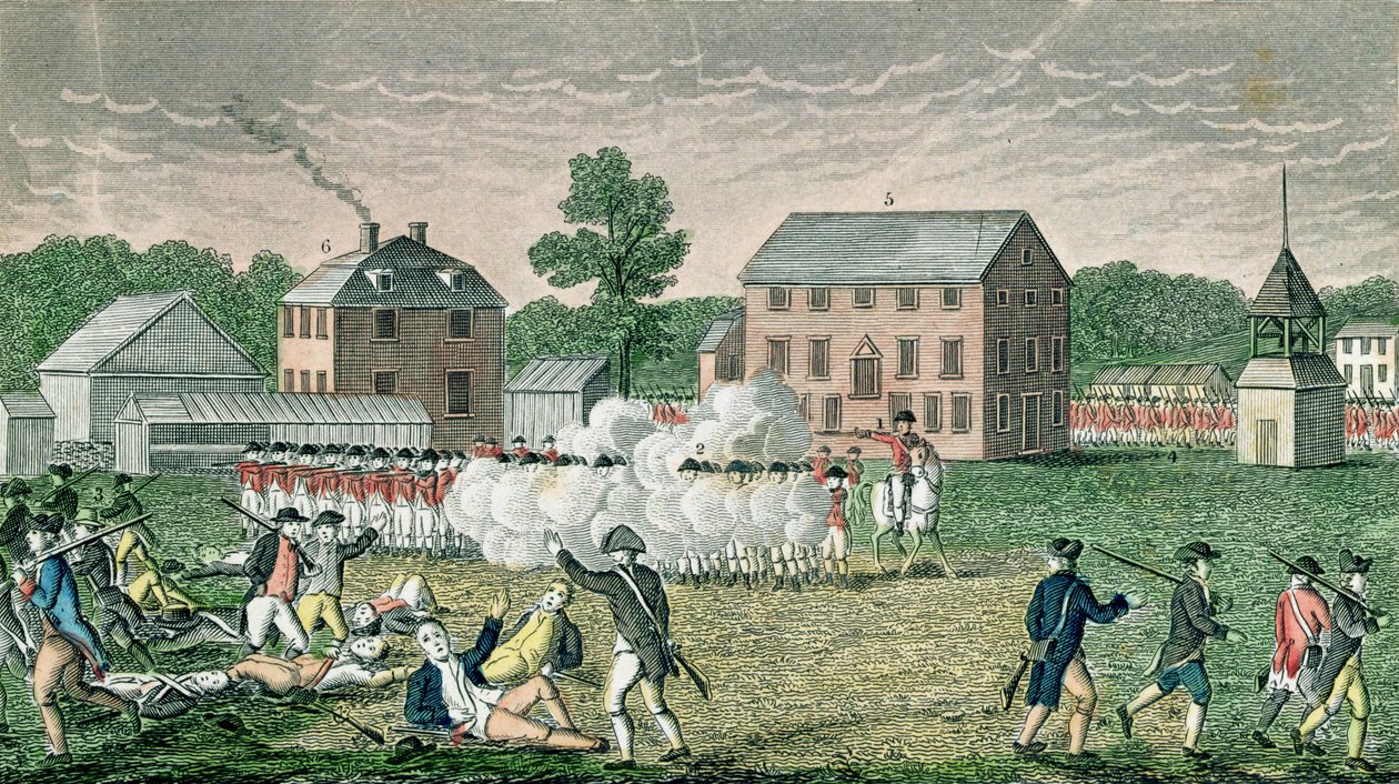 Bitwa pod Lexington, 19 kwietnia 1775, z „Connecticut Historical Collections”, autorstwa Johna Warnera Barbera, grawerowane przez A. Doolittle, 1832 autorstwa American School