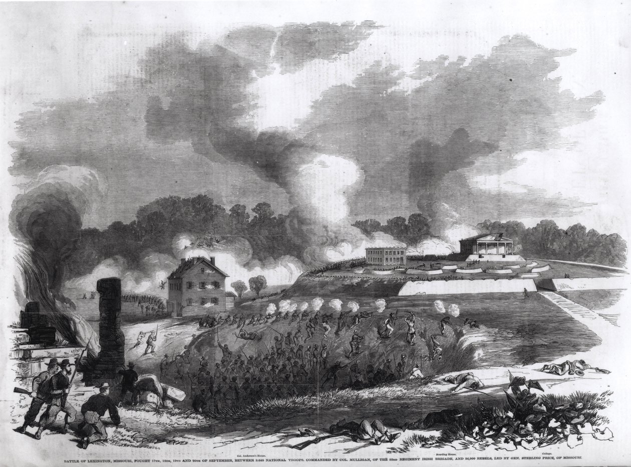 Bitwa pod Lexington, Missouri, 17-20 września 1861, z „Pictorial History of the American Civil War Franka Leslie”, 1862 autorstwa American School