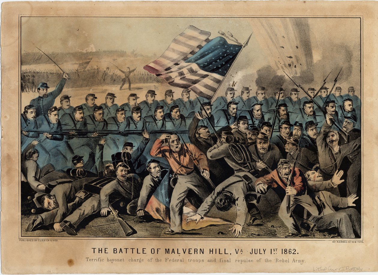 Bitwa pod Malvern Hill, Wirginia, 1 lipca 1862, wyd. przez Currier i Ives, c.1862 autorstwa American School