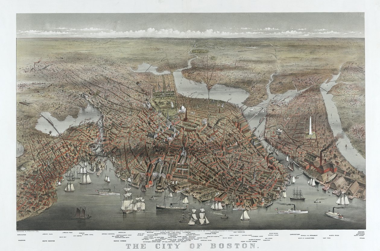 The City of Boston, pub. 1873 (kolorowa litografia) autorstwa American School