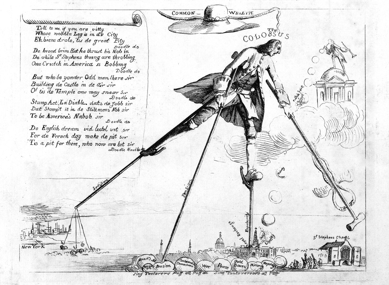 Kolos, karykatura ustawy o uchyleniu pieczęci, c.1765 autorstwa American School