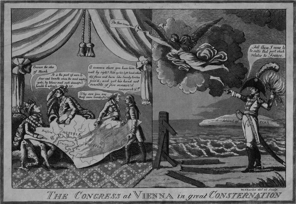 Kongres w Wiedniu w wielkiej konsternacji, ok. 1815 (akwaforta i akwatinta) autorstwa American School
