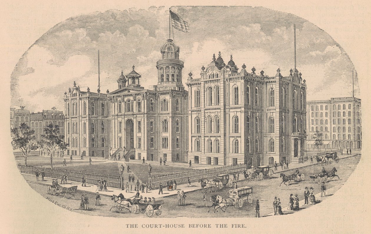 Sąd przed ogniem, wydrukowany przez Moss Engraving Co., Nowy Jork, ilustracja z Historii Chicago tom. 2 Alfreda Theodore