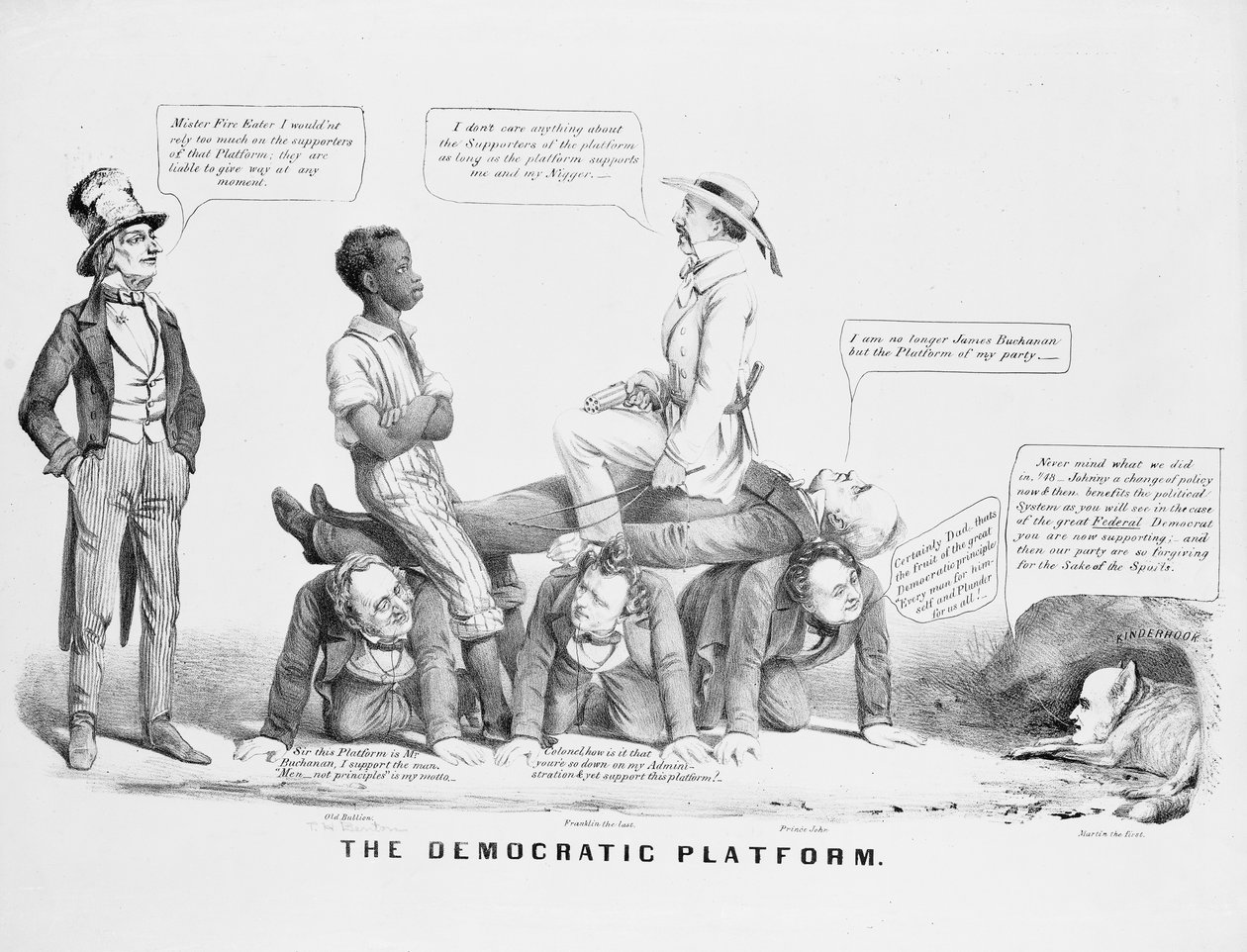 Polityczny rysunek „Platformy Demokratycznej” komentujący stanowisko Partii Demokratycznej w sprawie niewolnictwa, ok. 1856 r. autorstwa American School