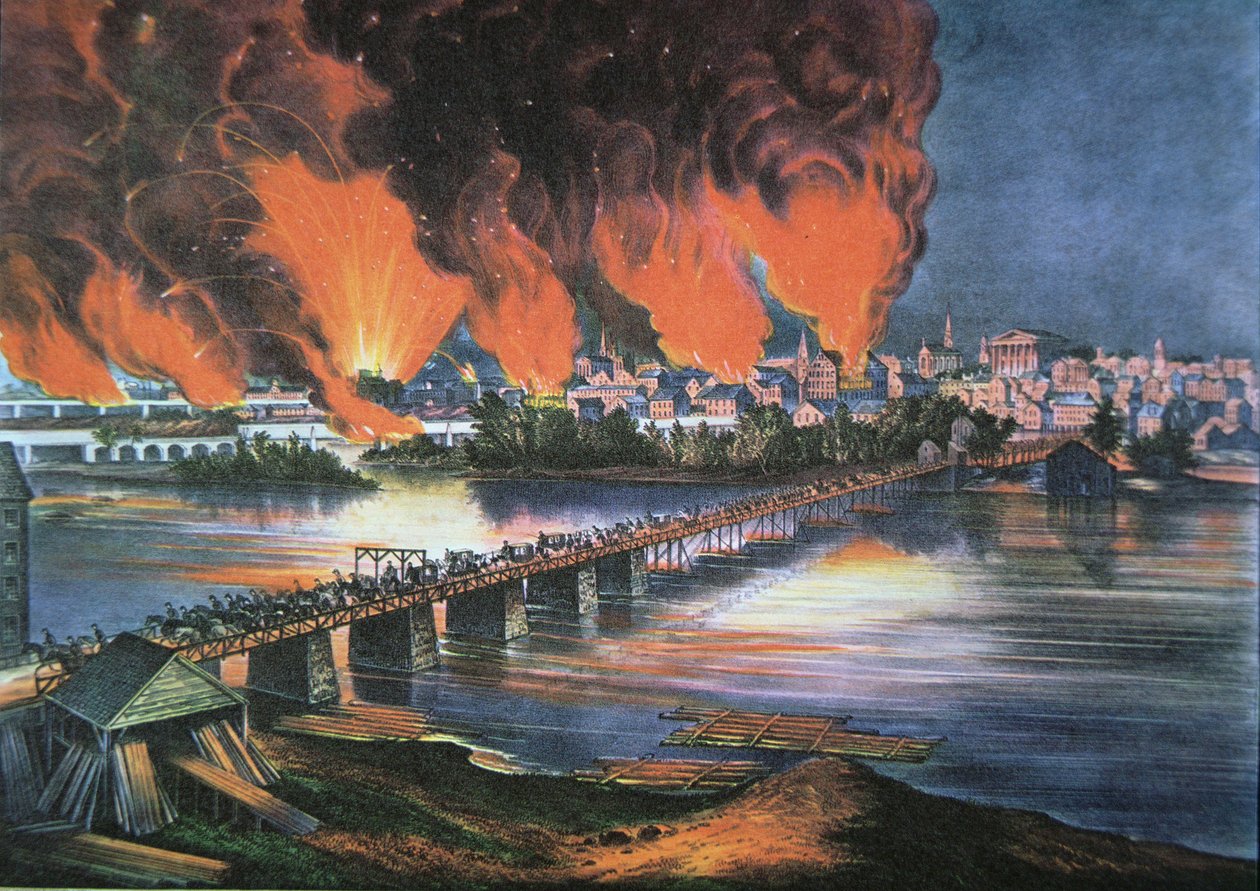 Upadek Richmond, Wirginia, w nocy 2 kwietnia 1865 (kolor lito) autorstwa American School