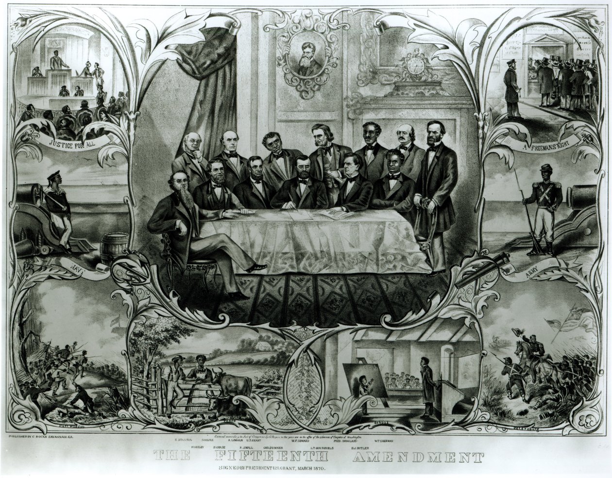 Piętnasta Poprawka, podpisana przez prezydenta Ulyssesa S. Granta (1822–85) Marzec 1870 (lito) (zdjęcie czarno-białe) autorstwa American School