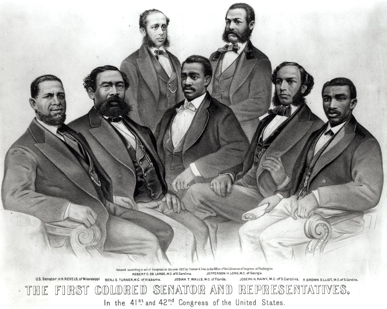 Pierwszy Kolorowy Senator i Reprezentanci na 41. i 42. Kongresie Stanów Zjednoczonych, wyd. autorstwa Currier i Ives, 1872 (lito) (zdjęcie w pakiecie) autorstwa American School