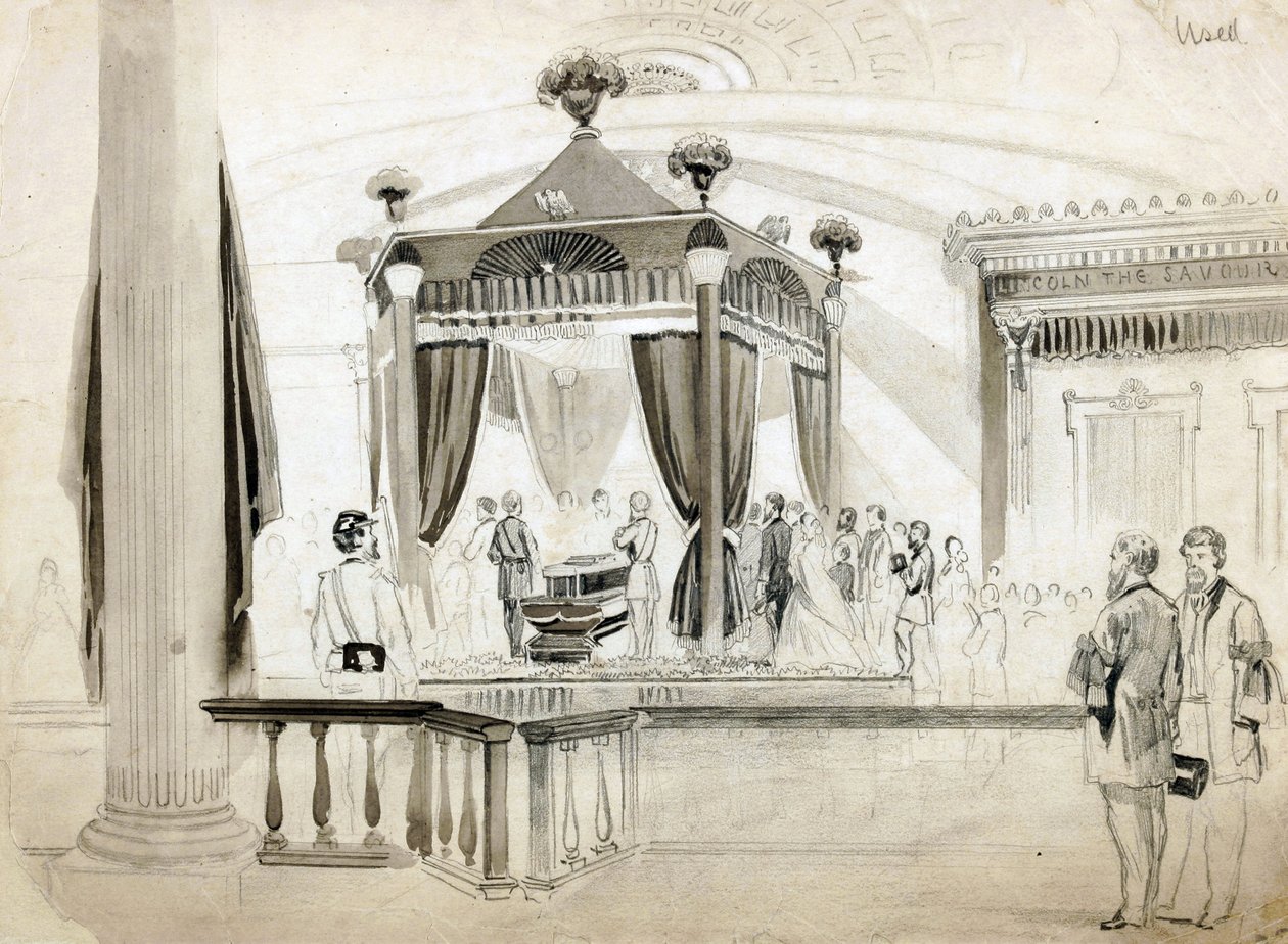 The Funeral Catafalque w Springfield, Illinois, ilustracja dla Frank Leslies Illustrated Newspaper, 1865 (ołówek, tusz i pranie na papierze) autorstwa American School