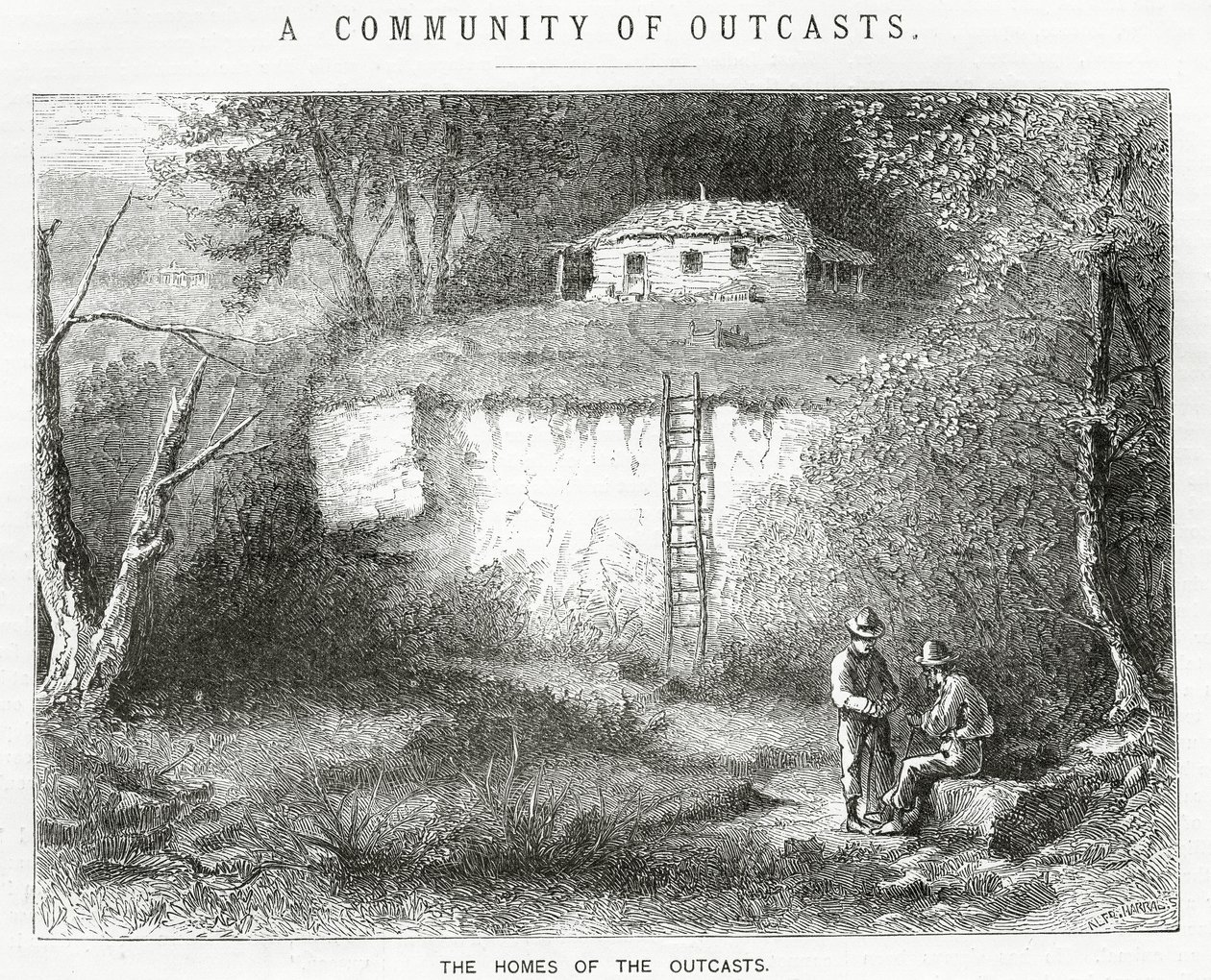 The Homes of the Outcasts, ilustracja do opowiadania fabularnego, A Community of Outcasts, z Appletons Journal, 23 marca 1872 r. autorstwa American School