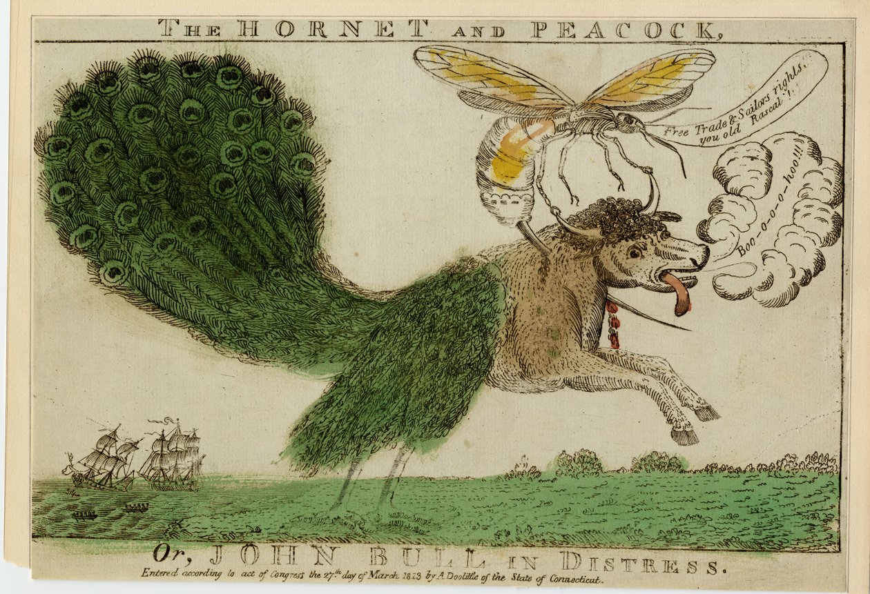 Szerszeń i Paw, czyli John Bull w niebezpieczeństwie, 1813 (akwaforta z grawerem) autorstwa American School