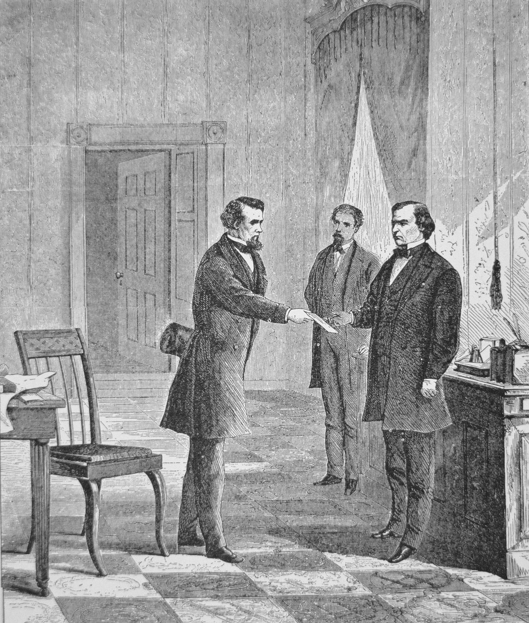 Impeachment prezydenta Andrew Johnsona (1808-75) 1868 (grawerowanie) autorstwa American School