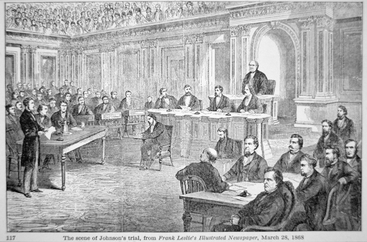 Impeachment prezydenta Johnsona w 1868 r., ilustracja z „Gazety Franka Lesliego”, 28 marca 1868 r. (lito) autorstwa American School