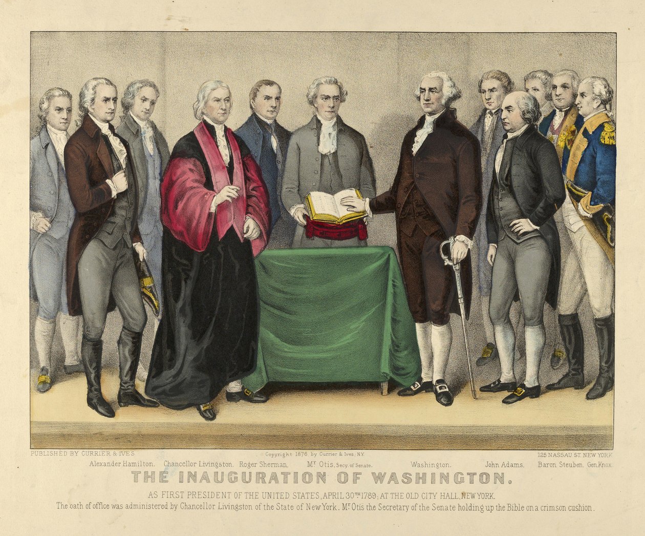 Inauguracja Waszyngtonu jako pierwszego prezydenta Stanów Zjednoczonych, 30 kwietnia 1789, At the Old City Hall, Nowy Jork, wyd. 1876 (kolor lito) autorstwa American School