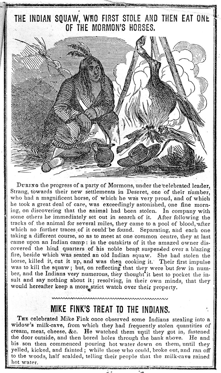 Indian Squaw, który najpierw ukradł, a następnie zjadł jednego z koni mormonów, z Almanachu Crocketta, 1852 autorstwa American School