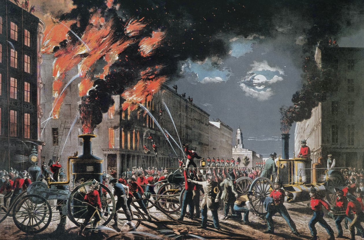 The Life of a Fireman (New York Volunteer Fire Department), wydana przez Currier & Ives autorstwa American School