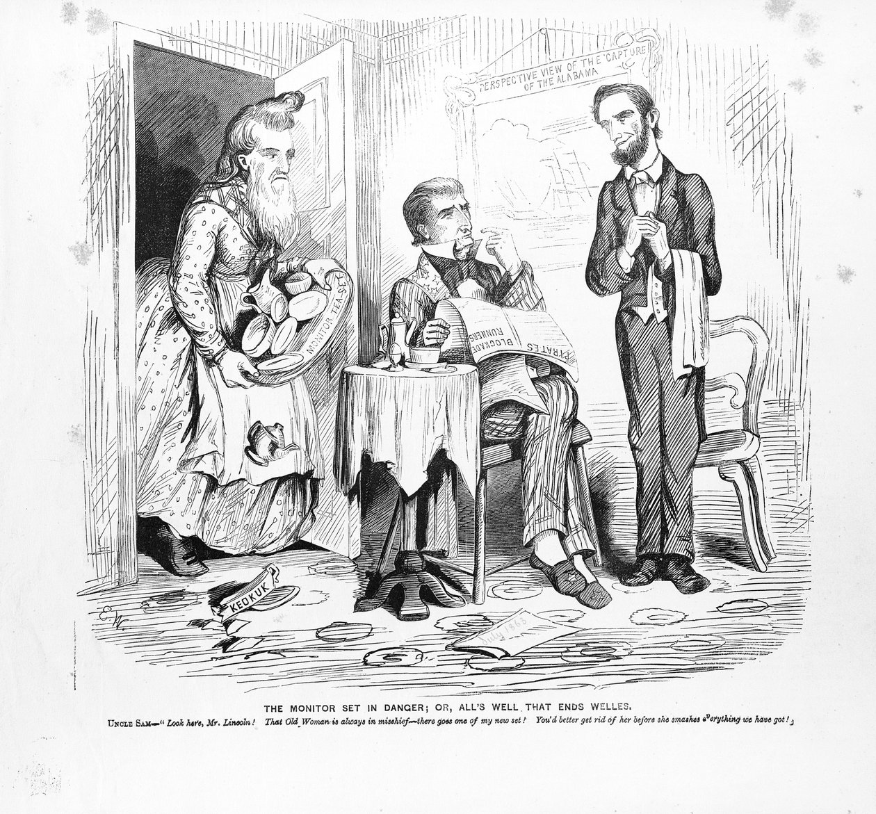 Monitor w niebezpieczeństwie, czyli wszystko dobrze, co się dobrze kończy, ok. 1862 r. autorstwa American School