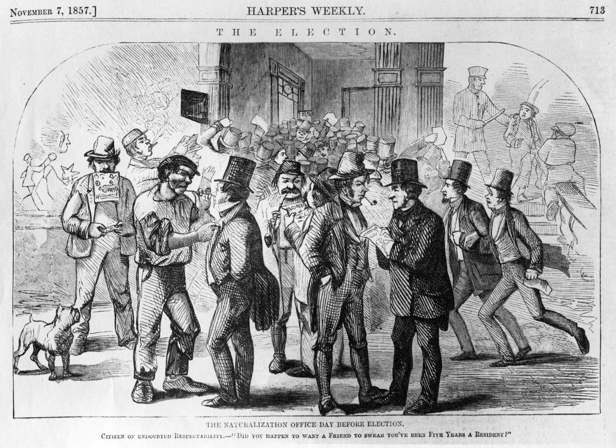 Urząd ds. Naturalizacji Dzień przed wyborami, opublikowany w Harpers Weekly, 7 listopada 1857 r. autorstwa American School