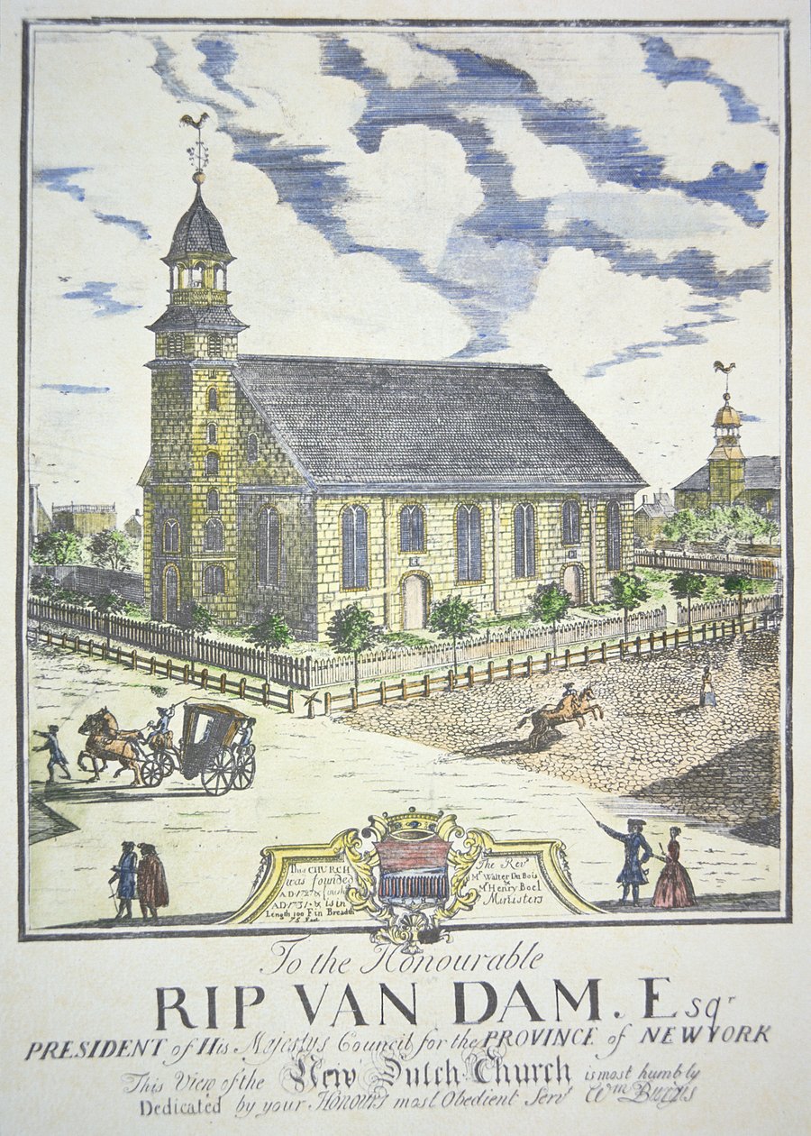 Nowy Holenderski Kościół Reformowany, zbudowany na rogu ulic Nassau i Liberty, Nowy Jork, w 1731 roku (kolorowy grawerunek) autorstwa American School