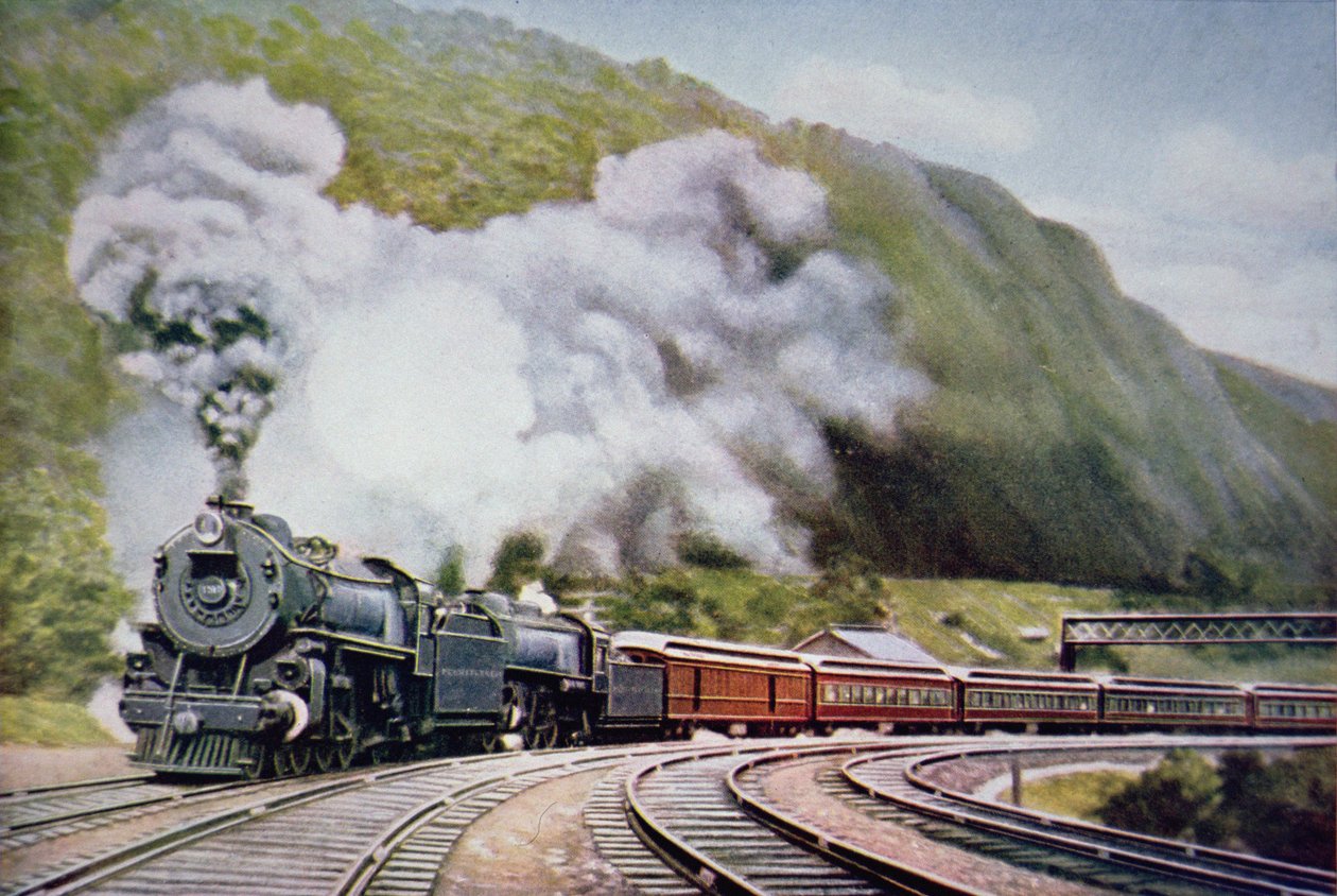 Nowy Jork do Chicago Express przy Horse-Shoe Curve, Alleghany, ok. 1930 (kolor lito) autorstwa American School