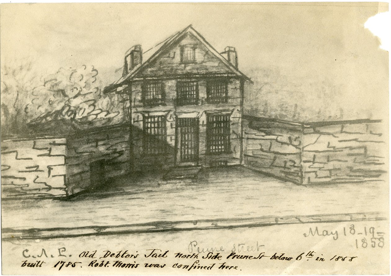 The Old Debtor Jail, Side of Prune St. poniżej 6., ilustracja z albumu Castnera, 1858 (fotolitografia) autorstwa American School