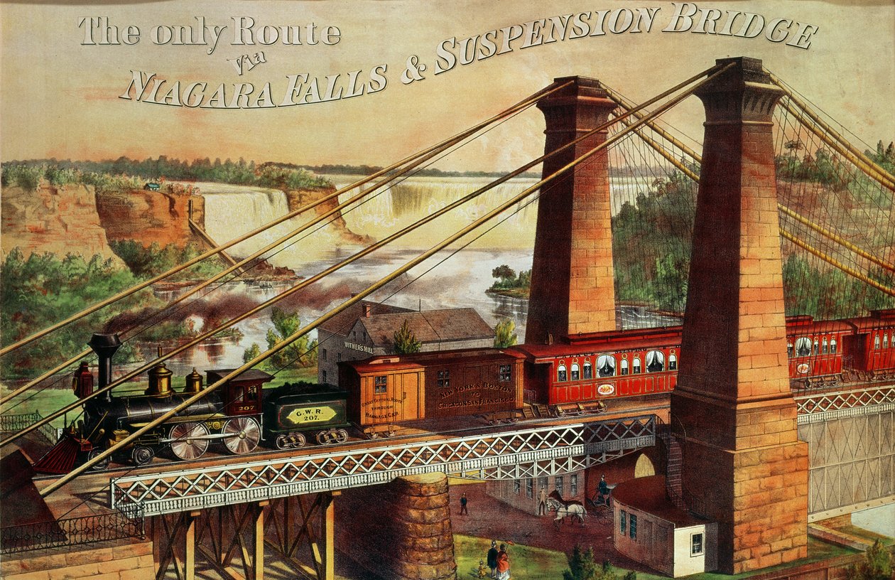 Jedyna trasa przez wodospad Niagara i most wiszący, 1876 r. autorstwa American School