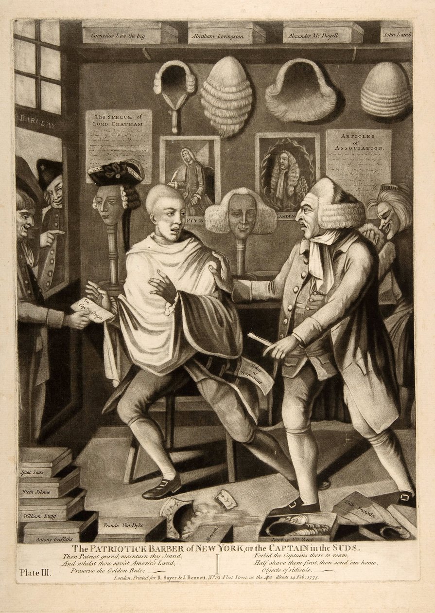 Patriotyczny Barber of New York, czyli Kapitan w mydlinach, wyd. 1775 autorstwa American School