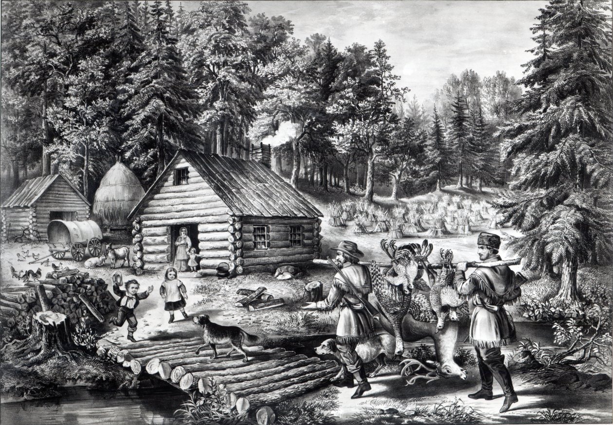 Dom pioniera na zachodniej granicy, wyd. przez Currier und Ives, 1867 autorstwa American School