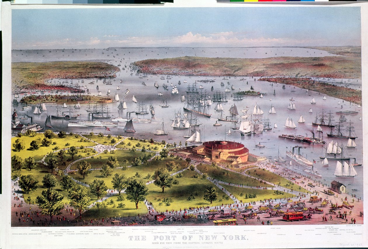 Port w Nowym Jorku, widok z lotu ptaka z baterii patrząc na południe, grawerowane przez Parsons & Atwater, wyd. Currier & Ives, 1872 autorstwa American School