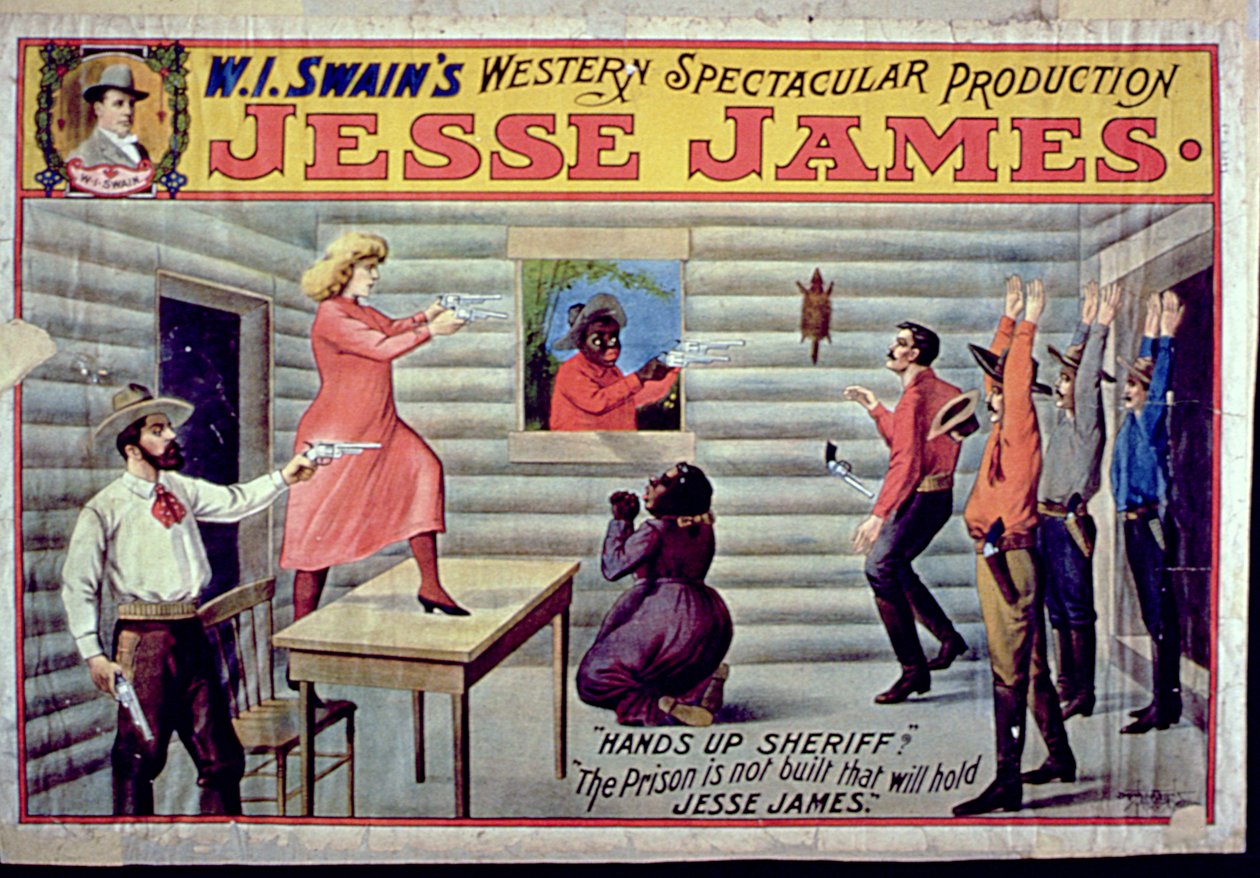 Więzienie nie zostało zbudowane, w którym pomieści się Jesse James, reklama W.I. Swains Spektakularna produkcja Jessego Jamesa autorstwa American School