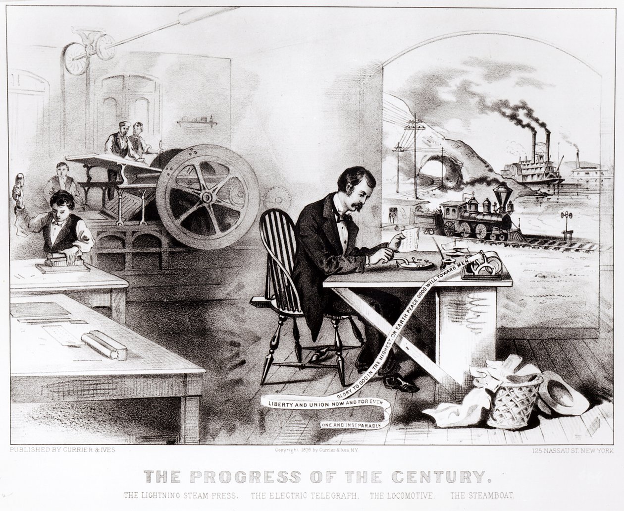The Progress of the Century: The Lightning Steam Press, Electric Telegraph, Locomotive and the Steamboat, wyd. autorstwa Currier i Ives, 1876 autorstwa American School