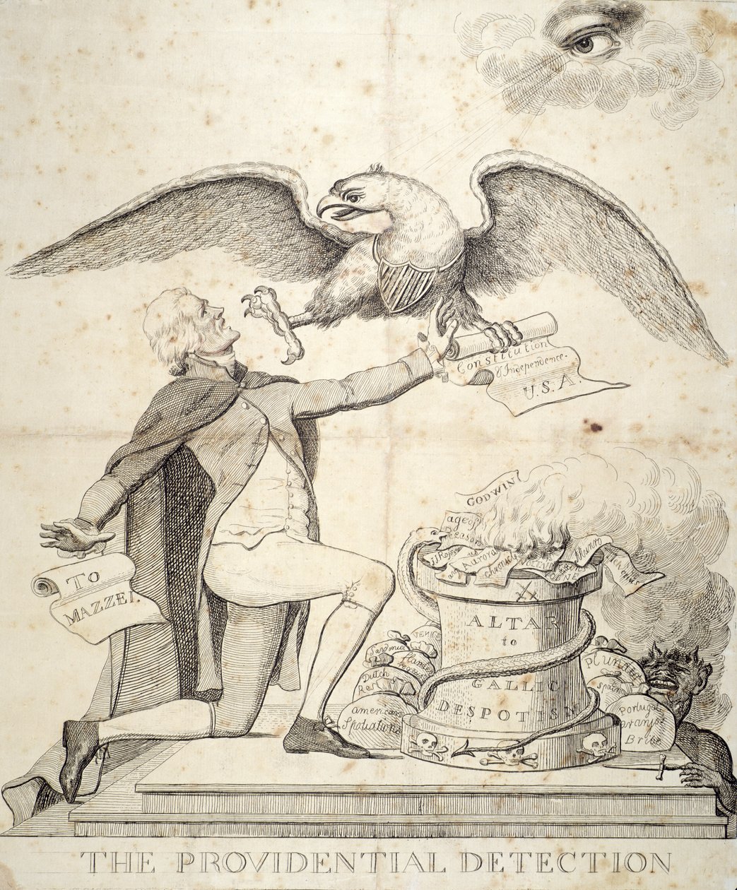The Providential Detection, rysunek przedstawiający Thomasa Jeffersona (1743-1826) próbującego zniszczyć Konstytucję autorstwa American School