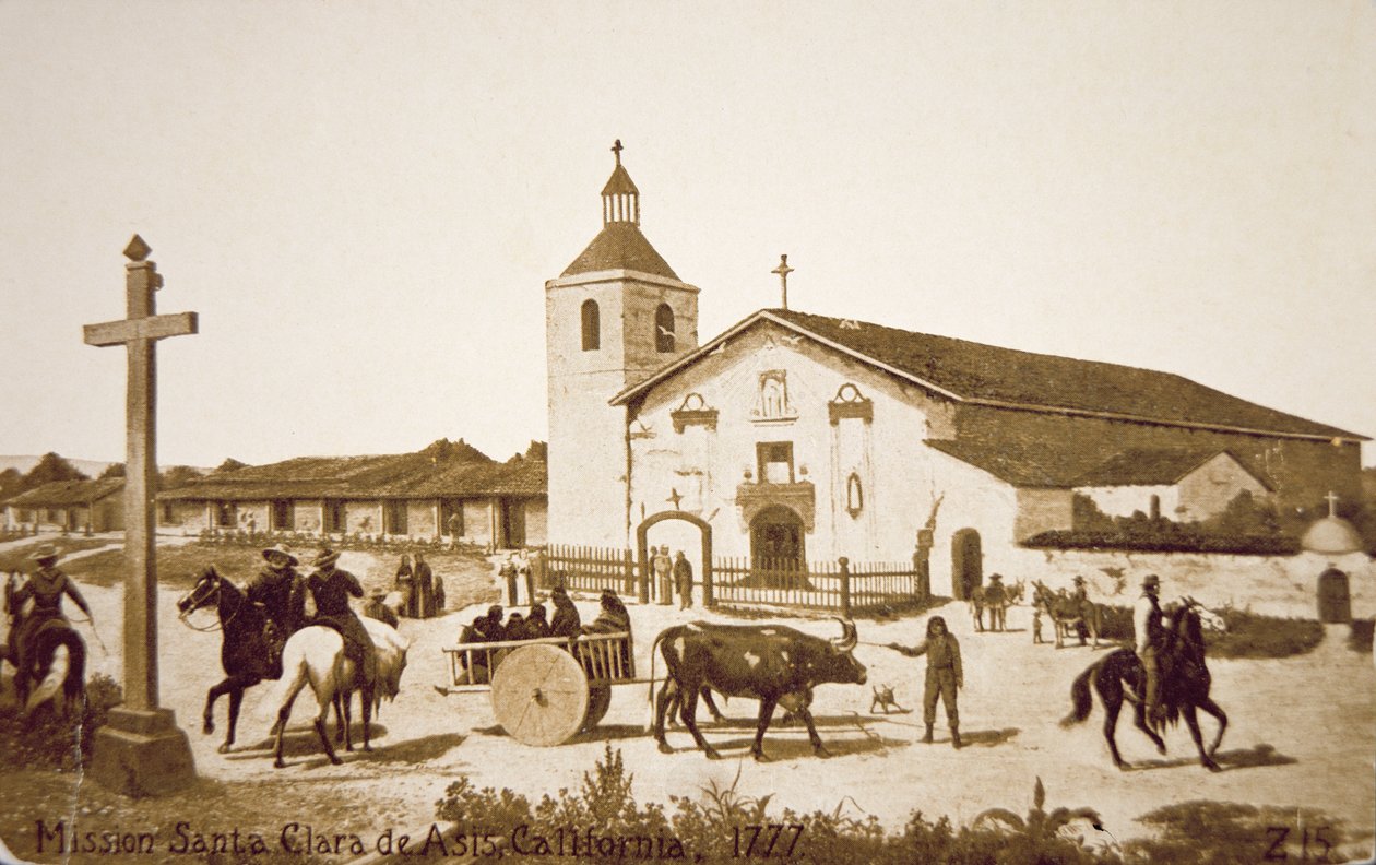 Misja hiszpańska, Santa Clara de Asis, Kalifornia w 1777 r. (lito) autorstwa American School