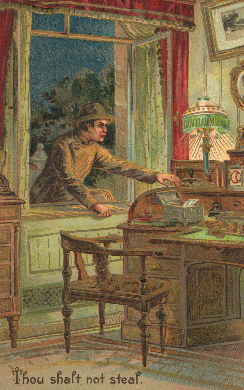 Dziesięć przykazań: Nie kradnij (kolorowa litografia) autorstwa American School