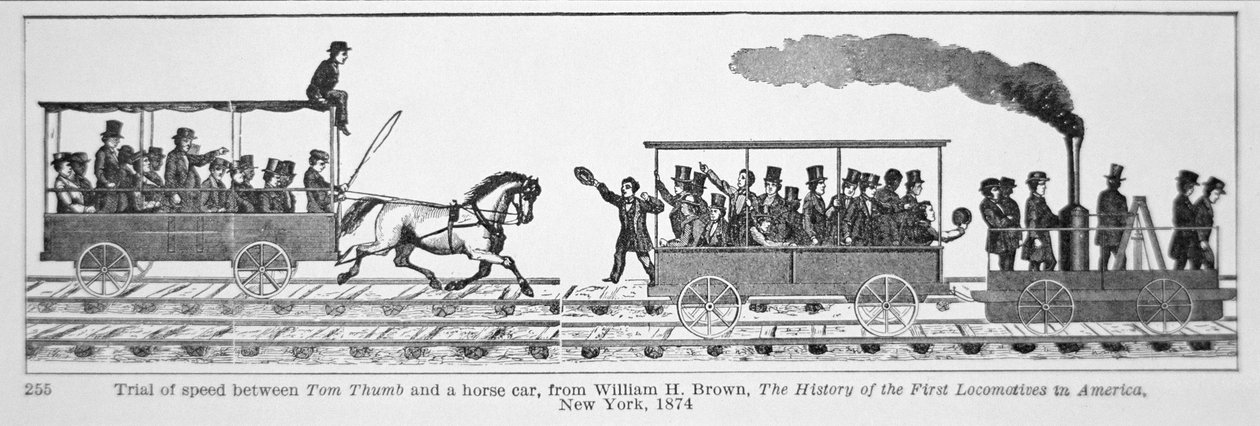 „Tom Thumb Locomotive” ściga się z zaprzęgiem konnym, z „Historii pierwszych lokomotyw w Ameryce”, Williama H. Browna 1830 (lito) autorstwa American School