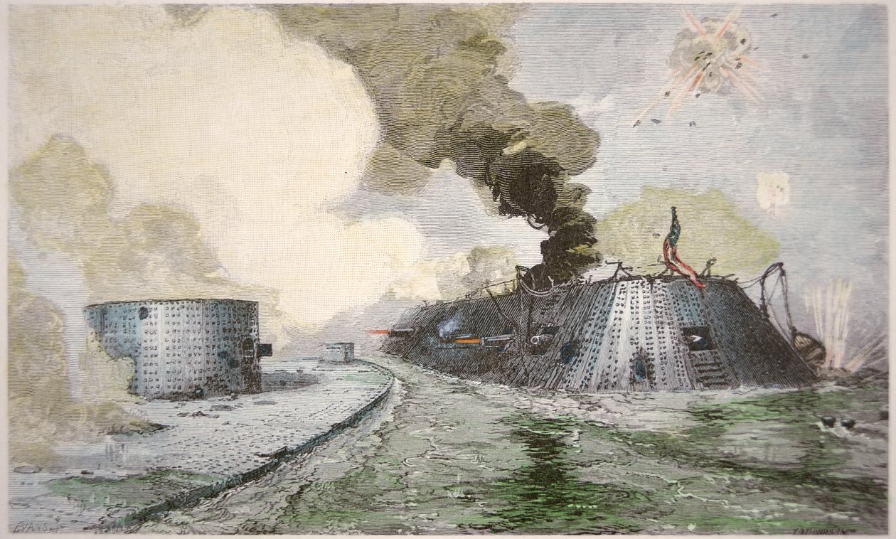 USS „Monitor” walczący z CSS „Merrimack” w bitwie pod Hampton Broads podczas wojny secesyjnej, 9 marca 1862 (kolor lito) autorstwa American School