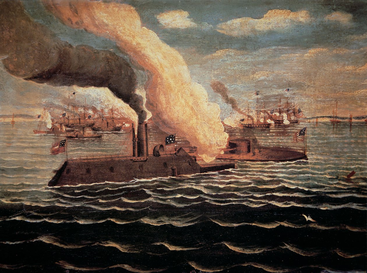USS „Monitor” walczący z CSS „Merrimack” w bitwie pod Hampton Roads podczas wojny secesyjnej, 9 marca 1862 (kolor lito) autorstwa American School