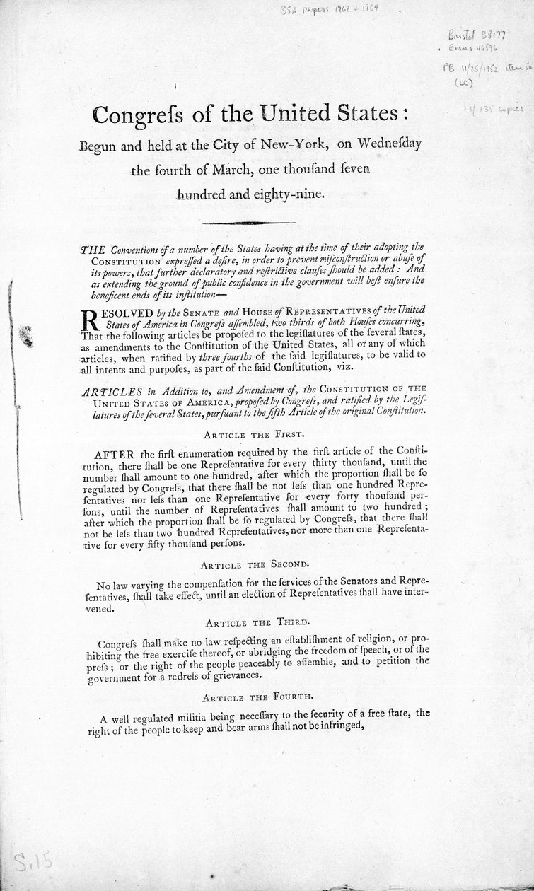 Karta Praw Stanów Zjednoczonych, ukończona 1789 (druk) autorstwa American School