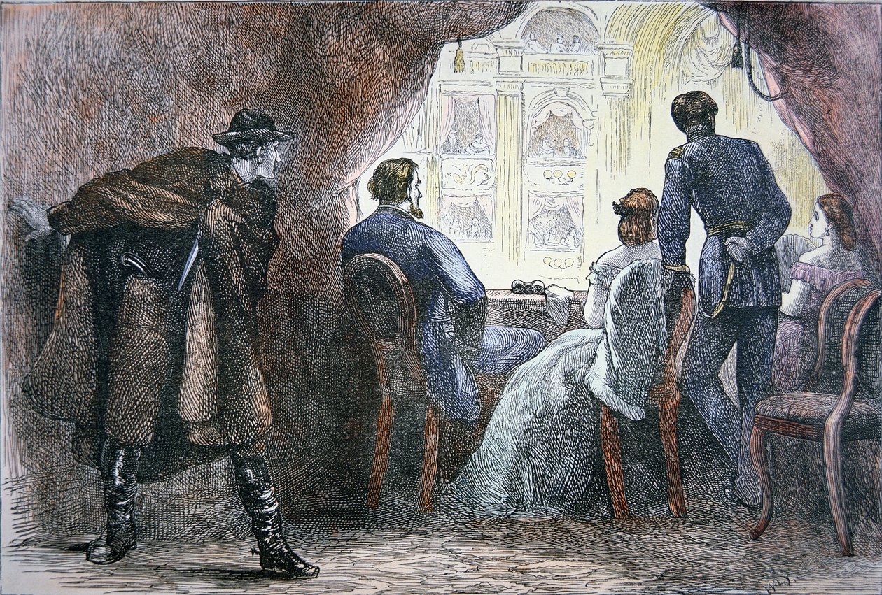 Zabójstwo Abrahama Lincolna (1809-1865) w loży w teatrze Forda, 14 kwietnia 1865 (kolor lito) autorstwa American School