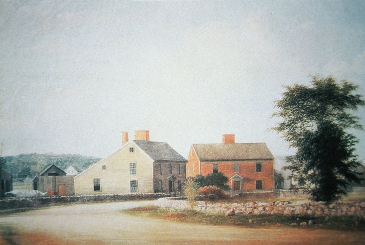 Miejsce urodzenia Johna Adamsa (1735-1826) w Braintree, obecnie Quincy, Massachusetts (kolor lito) autorstwa American School