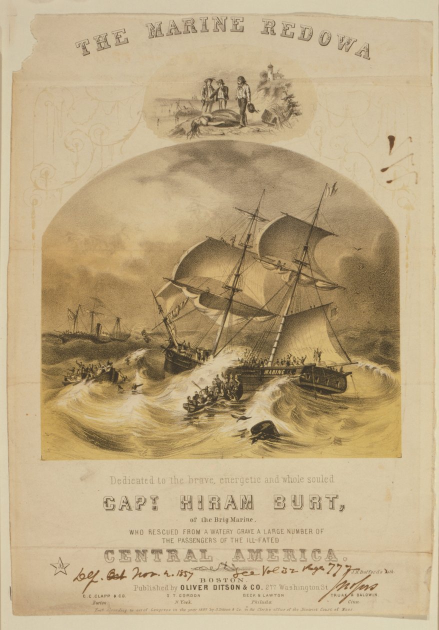 Bryg Marine ratujący pasażerów w łodziach ratunkowych z parowca SS Central America po tym, jak został złapany przez huragan u wybrzeży Karoliny we wrześniu 1857 roku. Ponad 550 utonęło i 30 000 funtów (14 000 kg) kalifornijskiego złota zginęło. autorstwa American School