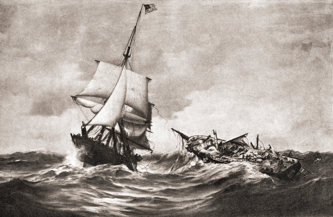 Zdobycie HMS Frolic przez slup wojenny USS Wasp, akcja morska stoczona na Atlantyku 18 października 1812 r. podczas wojny 1812 r., z „Historii naszego kraju”, opublikowanej w 1905 r. (litho) autorstwa American School