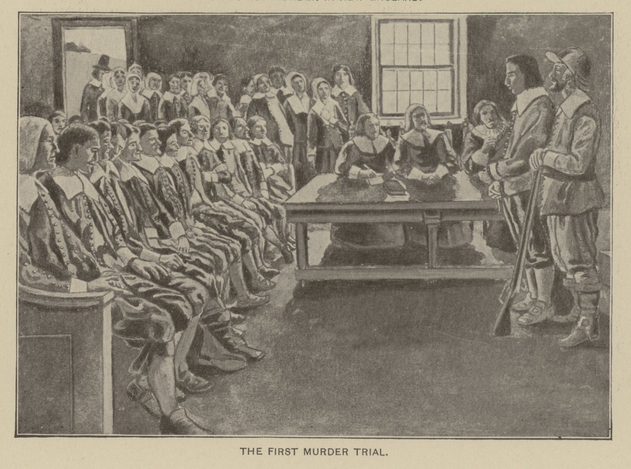 Pierwszy proces o morderstwo w Nowej Anglii (litografia) autorstwa American School
