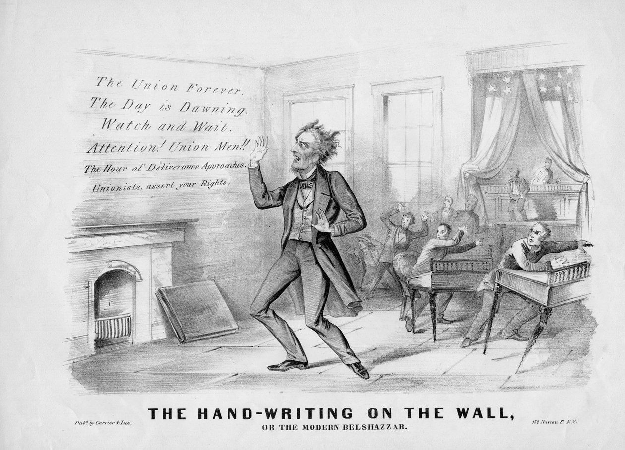 Odręczne pismo na ścianie, czyli nowoczesny Belshazzar, wydane przez Currier & Ives, Nowy Jork, c.1864 autorstwa American School