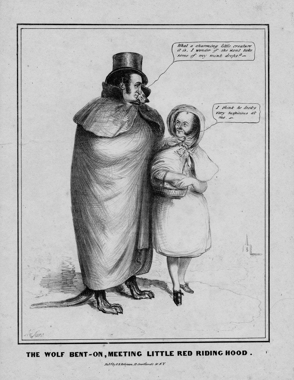 Wilk pochylił się, spotykając Czerwonego Kapturka, opublikowany przez H R Robinson, Nowy Jork, c.1840 autorstwa American School