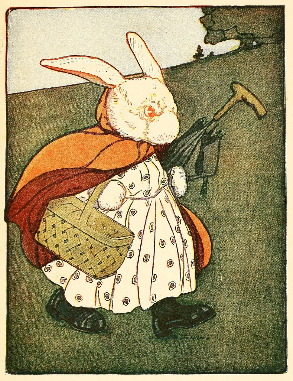 Potem stara Pani Królik ….przeszła przez las do piekarza, z Opowieści o Piotrusiu Króliku, 1916. autorstwa American School